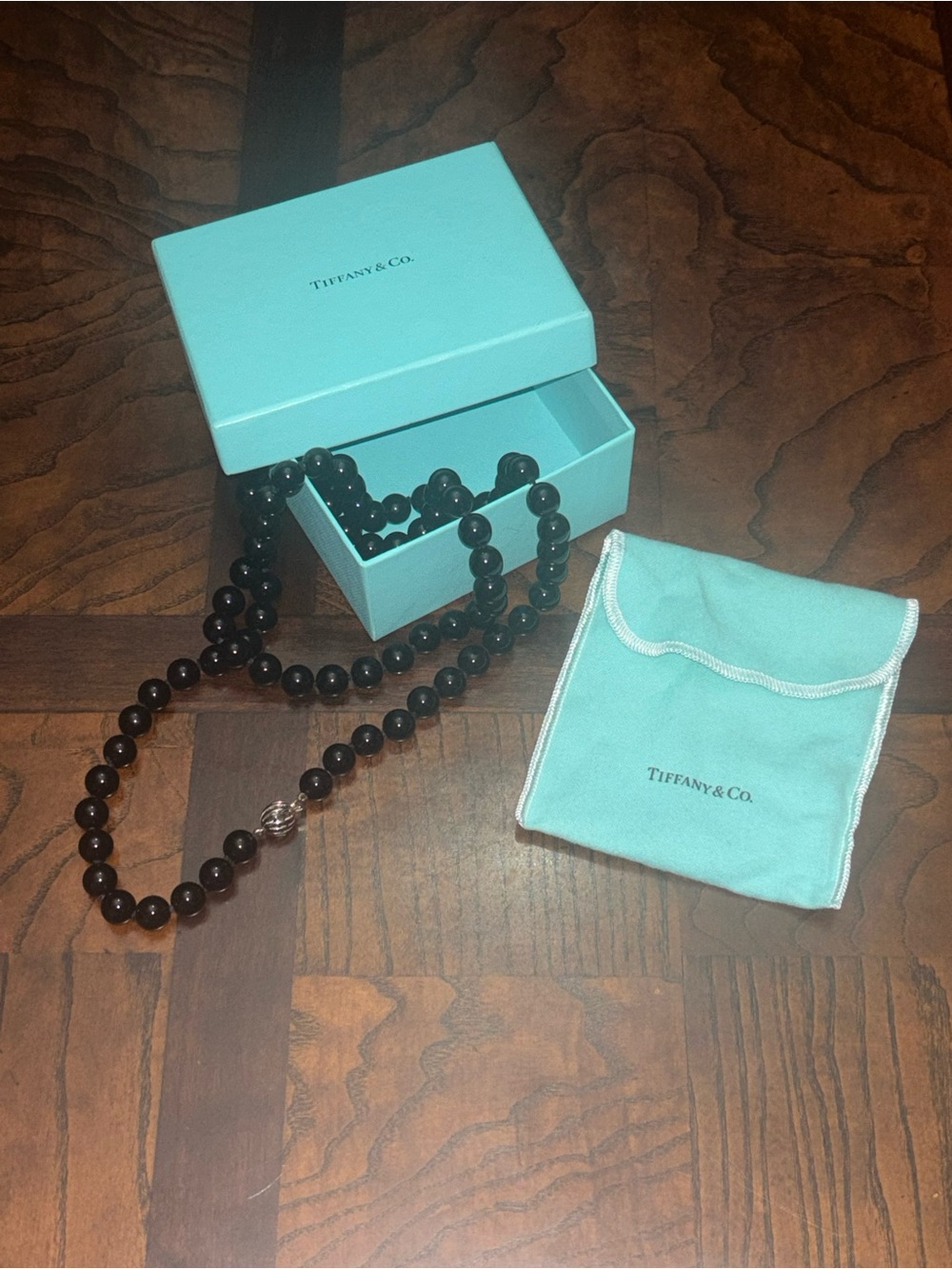 Tiffany & Co. Black Onyx Bead Necklace with Sterling Clasp and Pouch